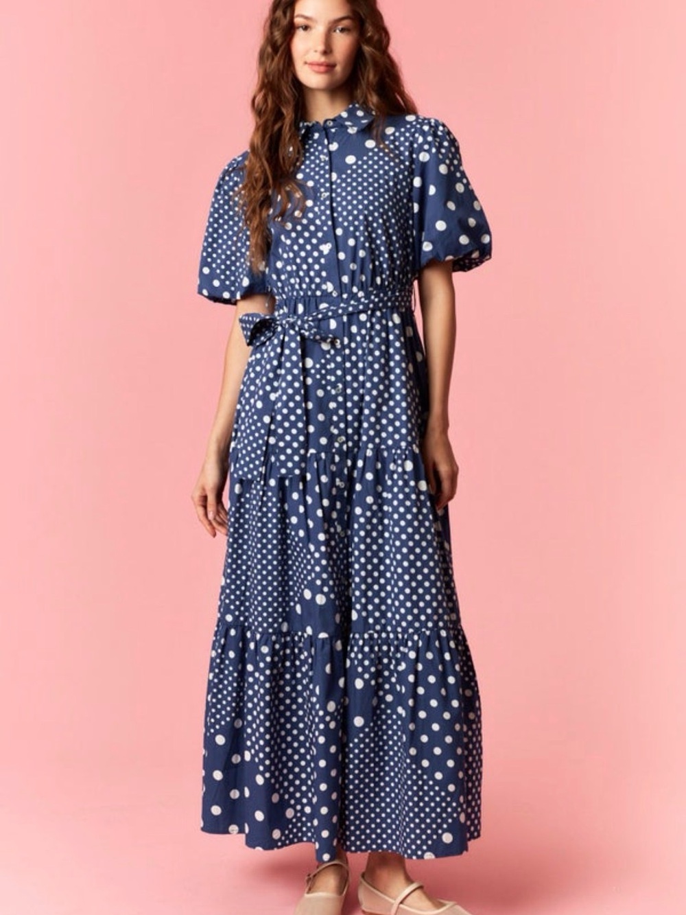 Peach Love California Navy and White Polka Dot Tiered Maxi Dress